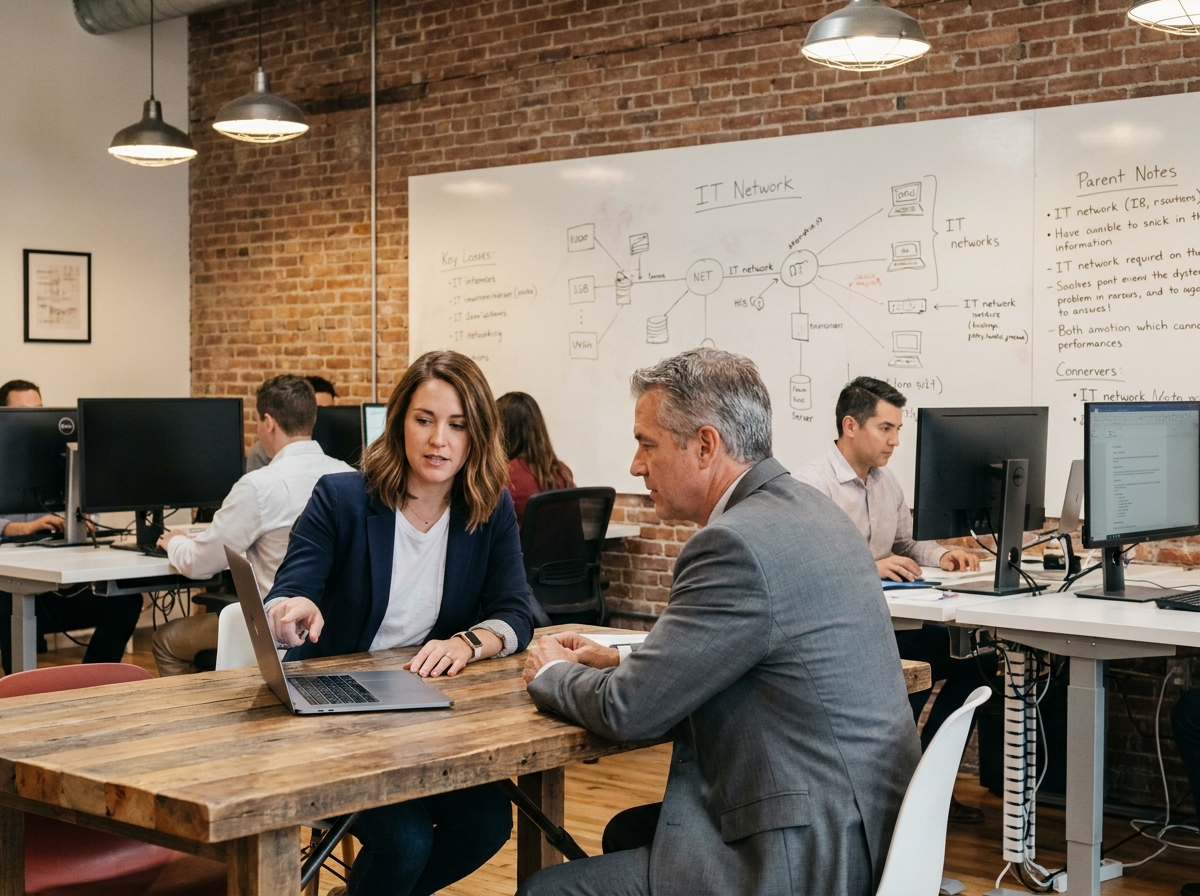 Consultante informatique freelance présentant une offre d'infogérance à un dirigeant de PME dans un espace de coworking