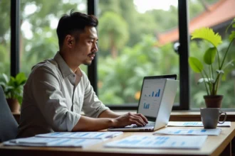 Consultant SEO masculin travaillant sur une stratégie Google dans un espace de coworking à Chiang Mai avec des rapports d'audit et des données analytiques