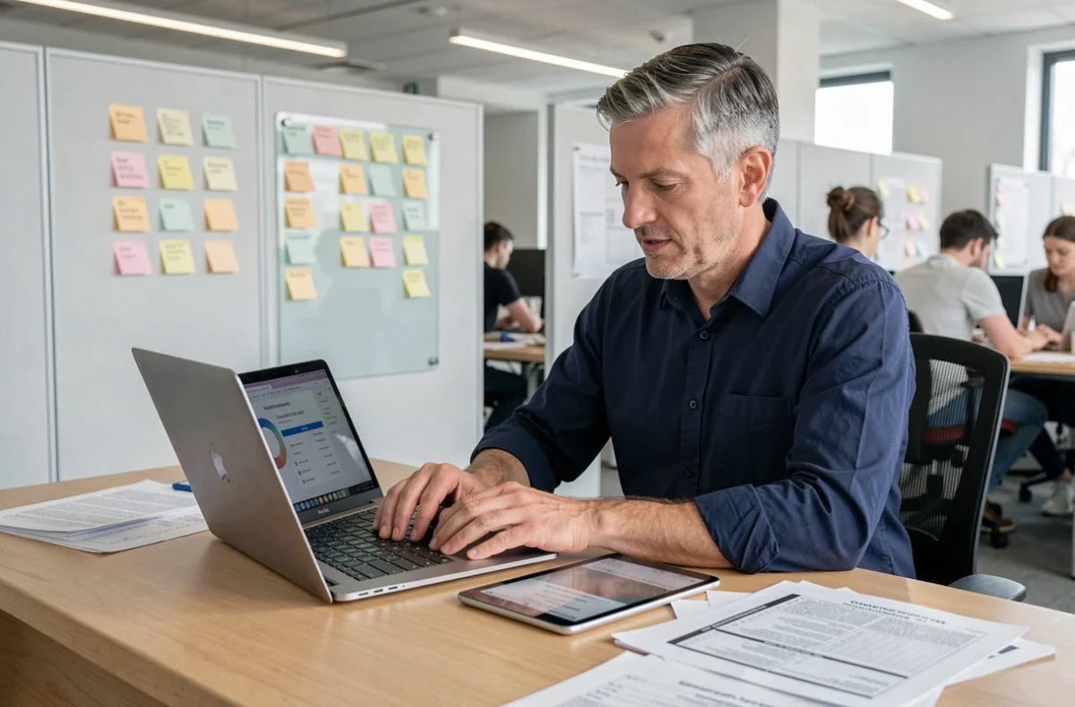 Homme consultant des supports pédagogiques sur laptop et tablette dans un espace de travail collaboratif ouvert