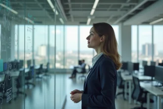 Consultante en cabinet de conseil réfléchissant devant un tableau blanc dans un grand open space corporate