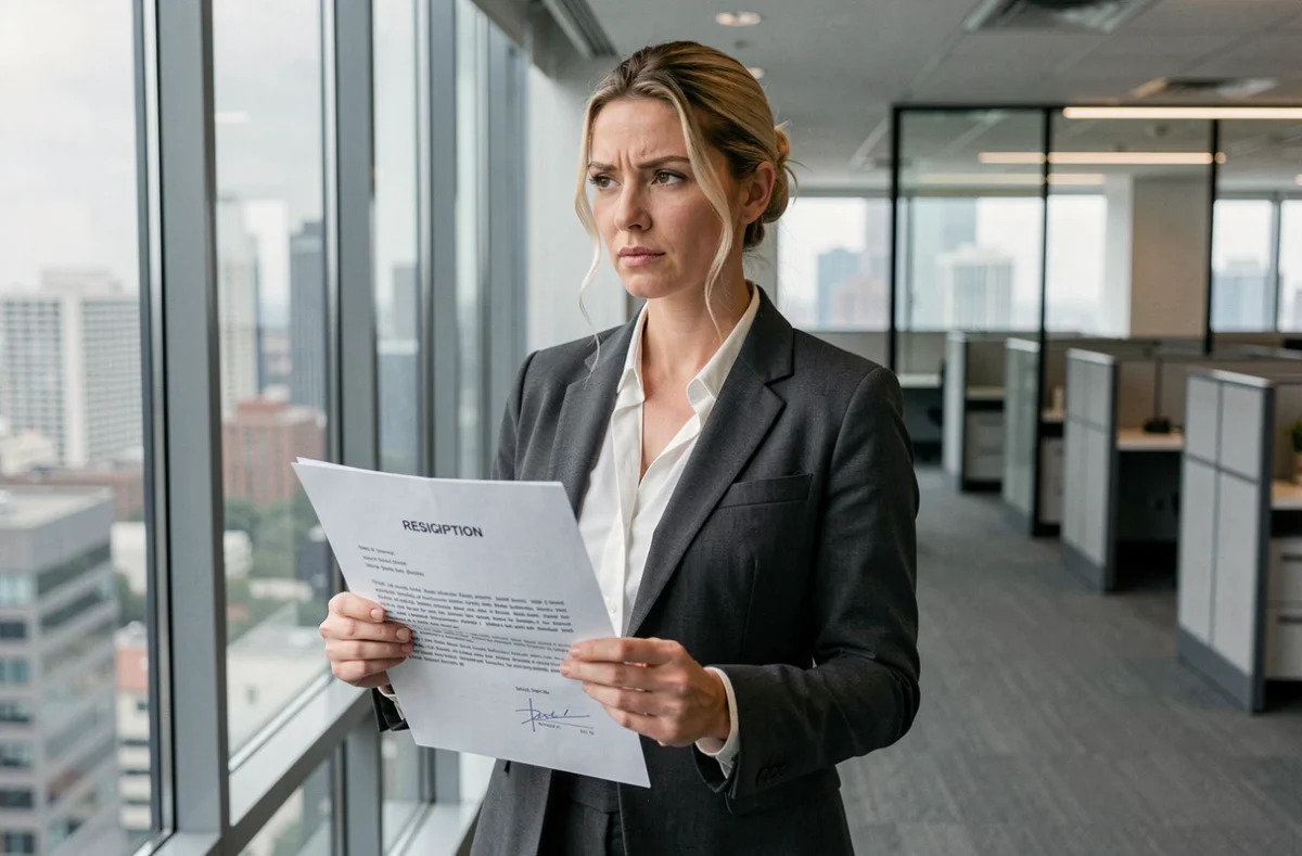 Consultante informatique tenant sa lettre de démission d'une SSII avec une expression déterminée