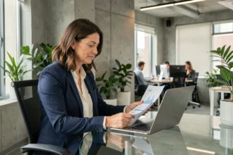 Consultante financière indépendante en portage salarial travaillant dans un espace de coworking moderne