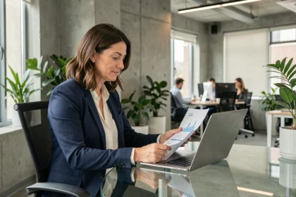 Consultante financière indépendante en portage salarial travaillant dans un espace de coworking moderne