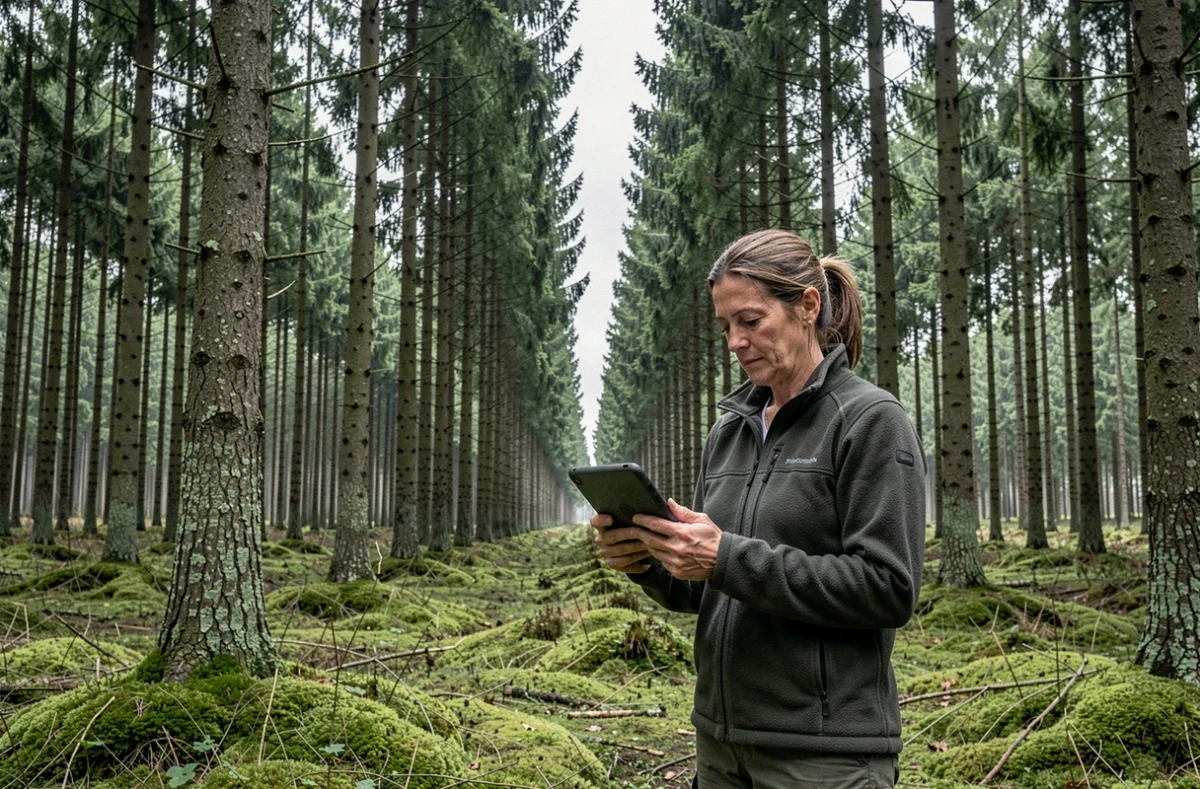 Consultante forestière enregistrant des données sur tablette dans une plantation de résineux, symbolisant l'évolution des pratiques forestières