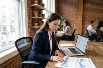 Consultante SEO d'une petite agence analysant les performances d'une boutique en ligne sur son bureau