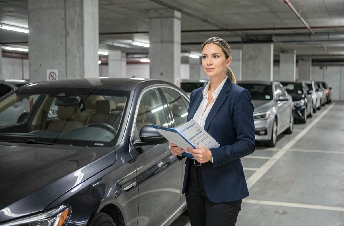 Consultante financière tenant des documents de conformité fiscale à côté d'un véhicule de société dans un parking d'entreprise