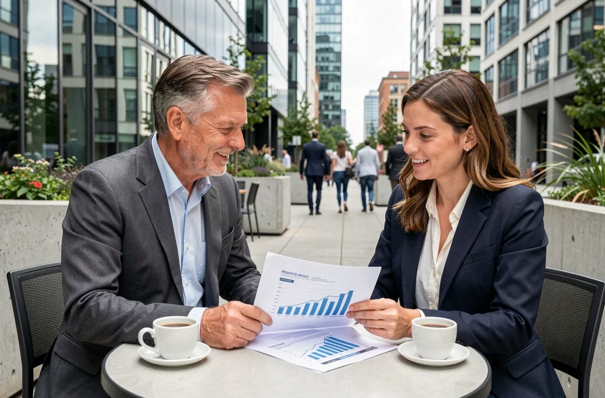 Deux consultants en finance indépendants discutant d'un rapport financier en terrasse dans un cadre urbain