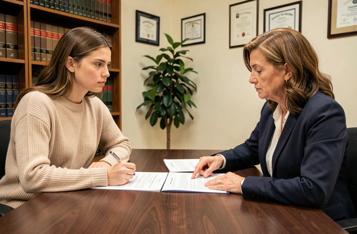 Apprentie en consultation avec une avocate spécialisée en droit du travail pour rédiger une lettre de démission sans préavis pour harcèlement