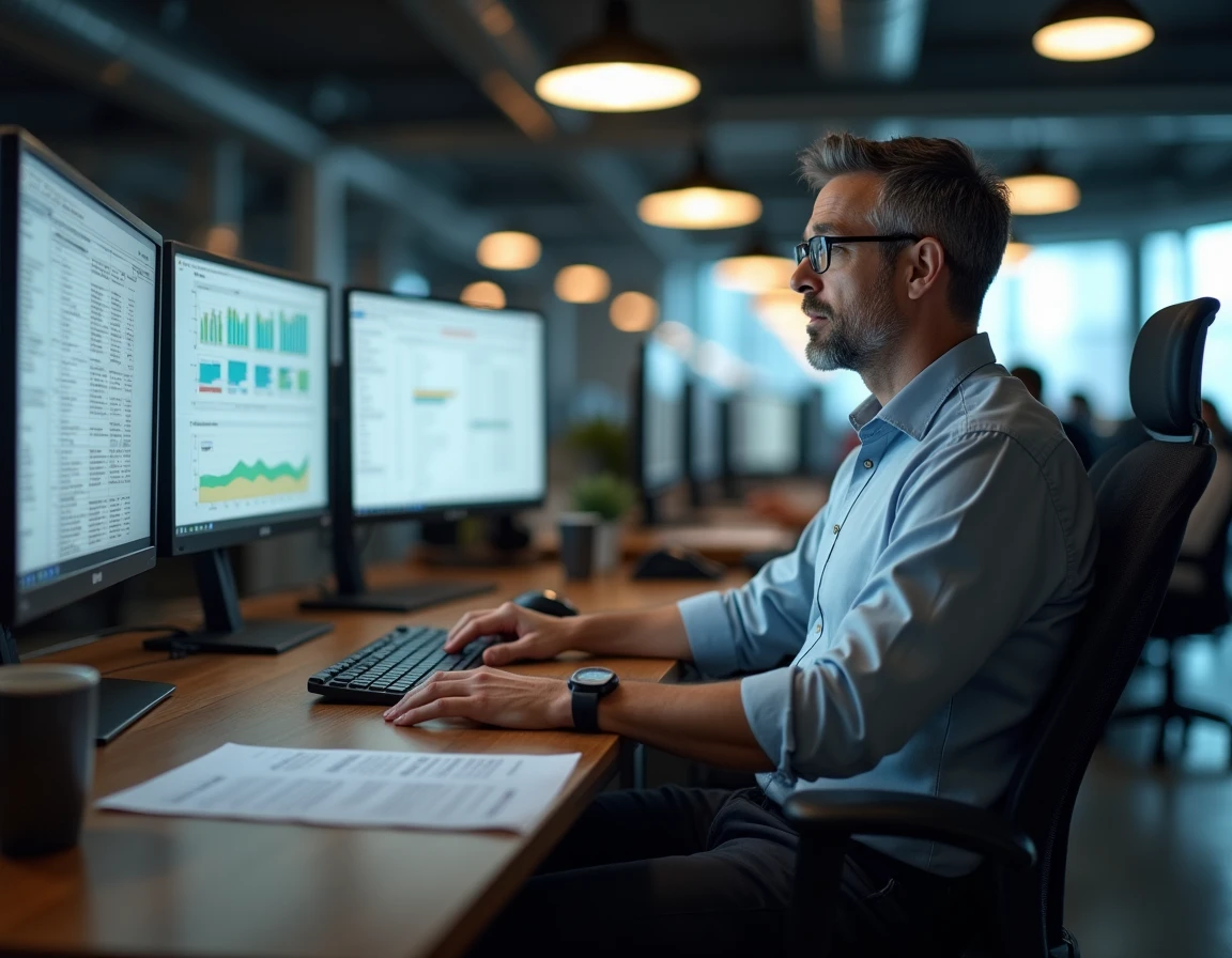 Control account manager analysant des indicateurs de performance de coût et de planning sur plusieurs écrans dans un bureau calme