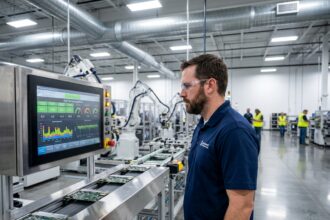 Ingénieur qualité surveillant des métriques de production en temps réel sur un écran tactile dans une usine automatisée