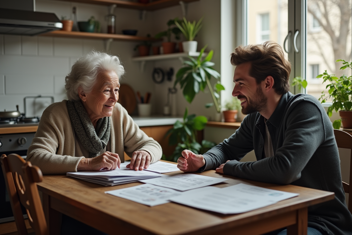 Une femme âgée et un jeune homme discutant autour de documents légaux