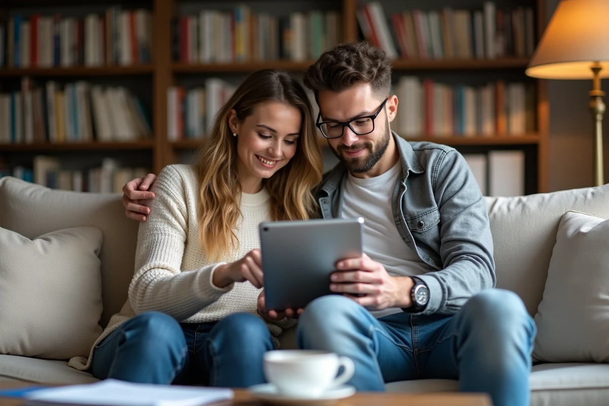 Couple comparant des offres d'assurance sur une tablette dans un salon cosy et chaleureux