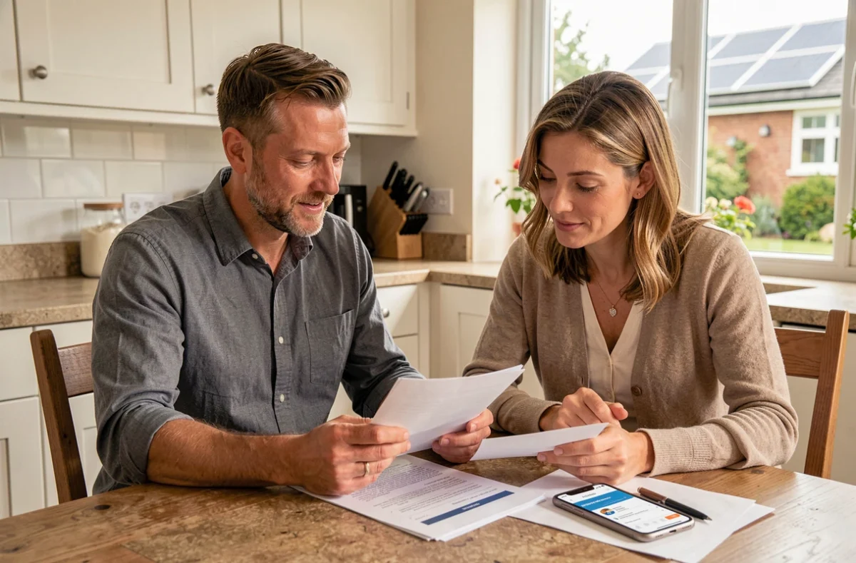 Couple examinant des documents et l'espace client EDF solaire sur smartphone autour d'une table de cuisine dans un intérieur moderne