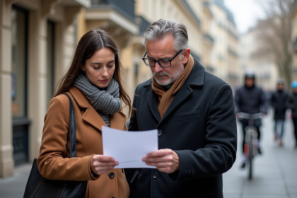 Couple français lisant une lettre officielle dans la rue