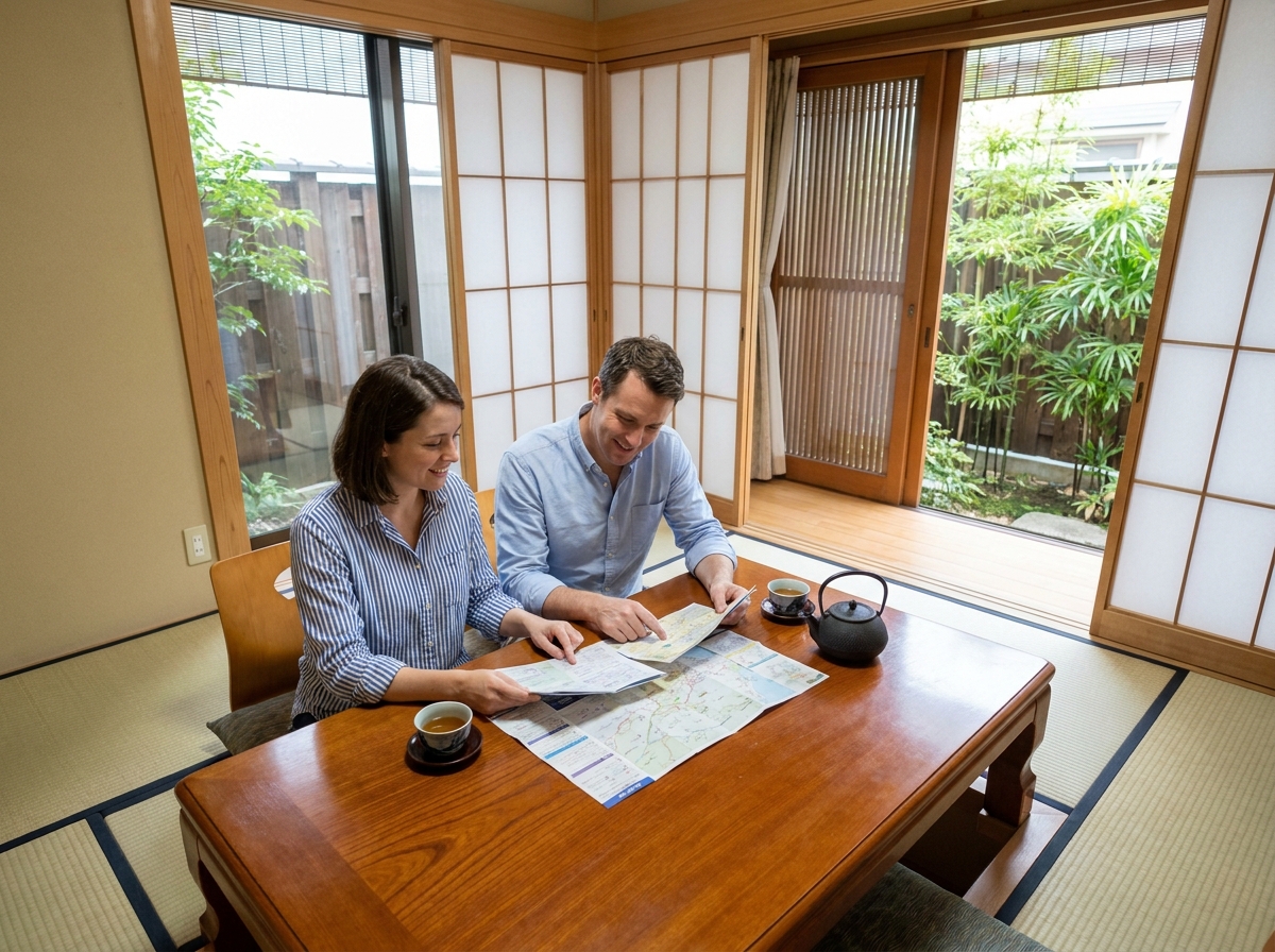 Couple planifiant un itinéraire combiné Japon-Vietnam dans un ryokan traditionnel japonais