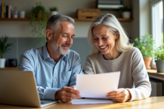 Couple d'adultes discutant de documents dans une cuisine lumineuse