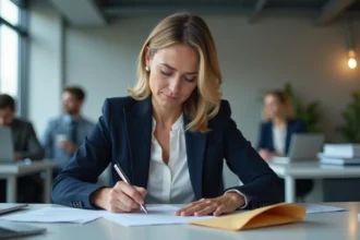 Femme cadre rédigeant un courrier de relance après un refus de rupture conventionnelle à son bureau en entreprise