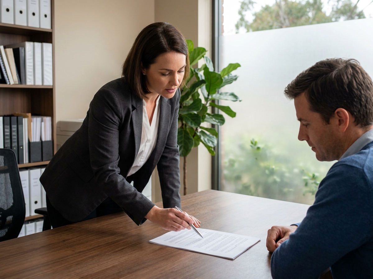 Courtière en assurance expliquant les clauses d'un contrat de garantie décennale à un client dans un bureau moderne, symbolisant la protection professionnelle dans le secteur du bâtiment