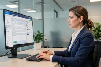 Courtière professionnelle paramétrant un extranet AXA courtage sur son ordinateur de bureau dans un open space moderne
