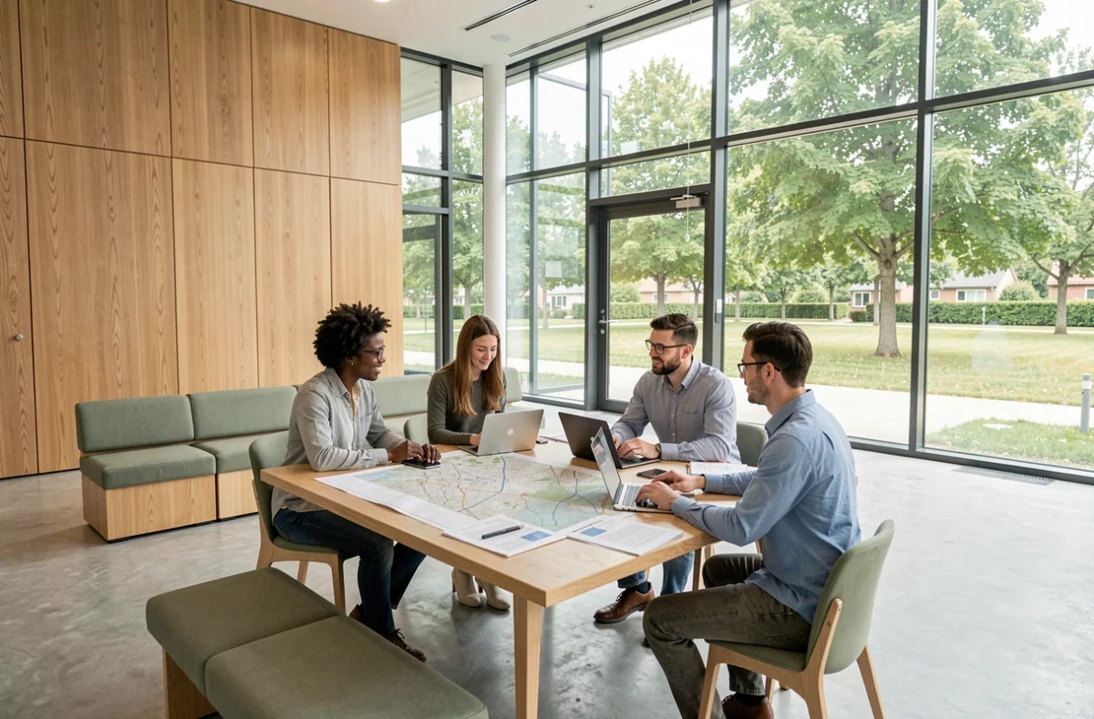 Espace de coworking intercommunal Coworking Paris Est Marne & Bois avec des professionnels collaborant autour de documents territoriaux