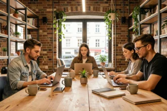 Groupe de professionnels travaillant dans un espace de coworking moderne à Strasbourg avec architecture alsacienne visible en arrière-plan