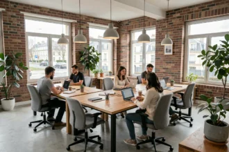 Vue d'ensemble d'un espace de coworking moderne dans le Val-de-Marne avec des professionnels travaillant à des bureaux partagés