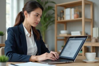 Femme entrepreneur créant son entreprise en ligne sur ordinateur portable avec formulaire d'immatriculation affiché à l'écran