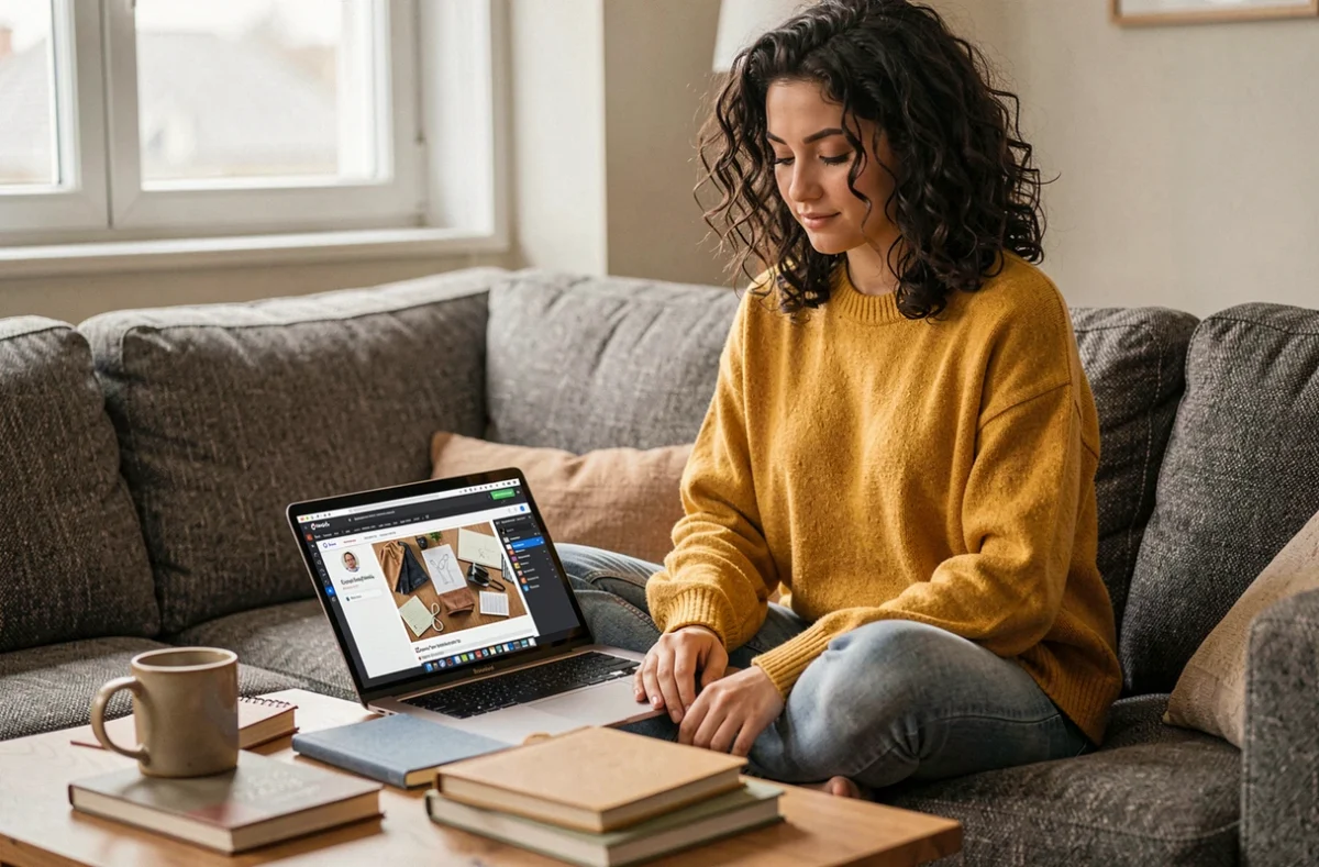 Jeune femme créant des miniatures de cours vidéo avec des ressources graphiques sur son laptop dans un salon cosy