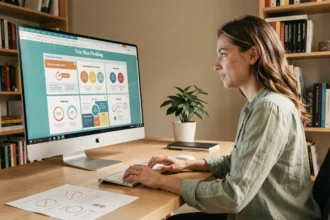 Femme designer créant des supports de formation en ligne sur un grand écran avec des templates graphiques colorés dans un studio moderne