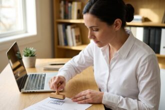 Femme professionnelle en train d'apposer un tampon d'entreprise sur un document officiel dans un bureau moderne