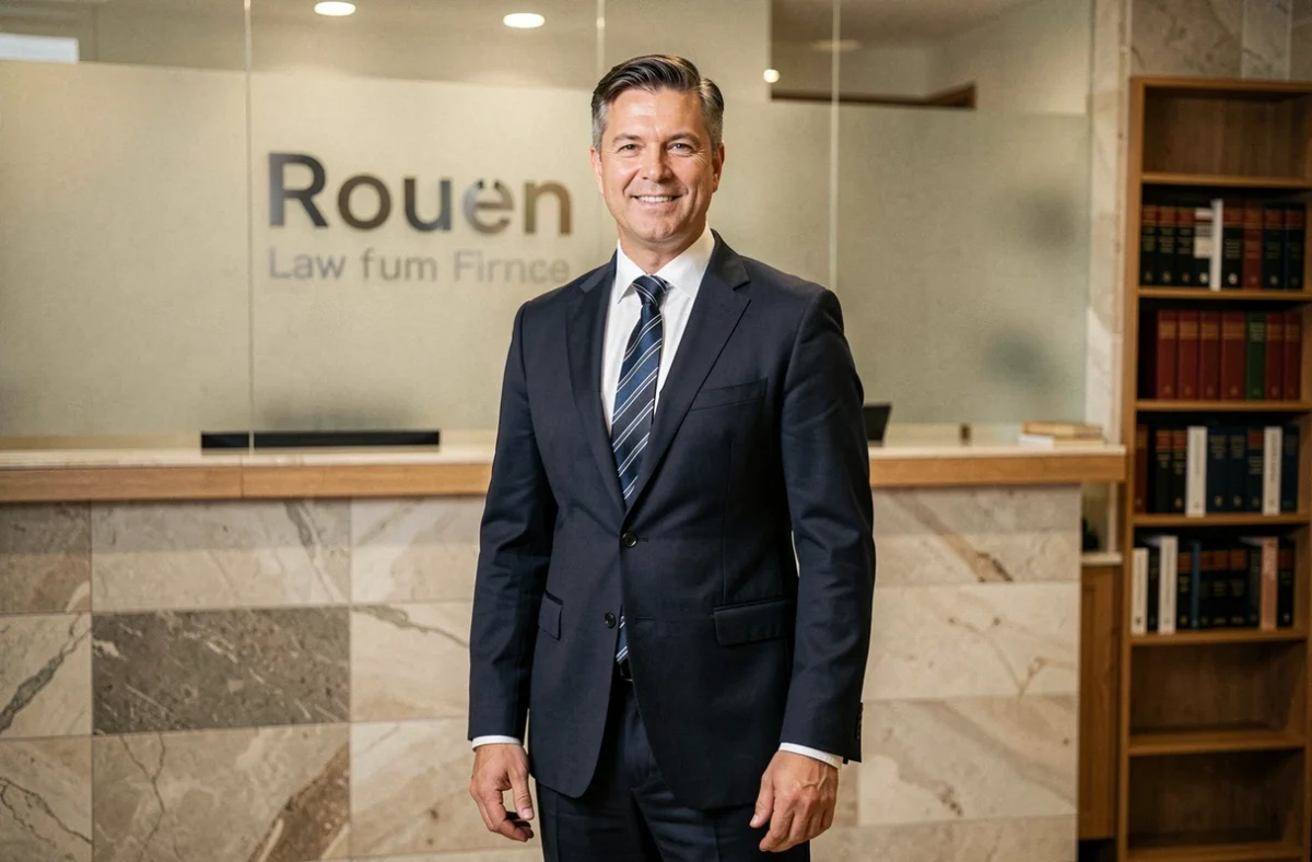 David Lemercier, avocat au barreau de Rouen, en costume marine devant l'accueil de son cabinet