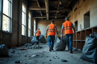 Équipe de débarras professionnel triant des débris et mobiliers endommagés après un sinistre dans des locaux commerciaux