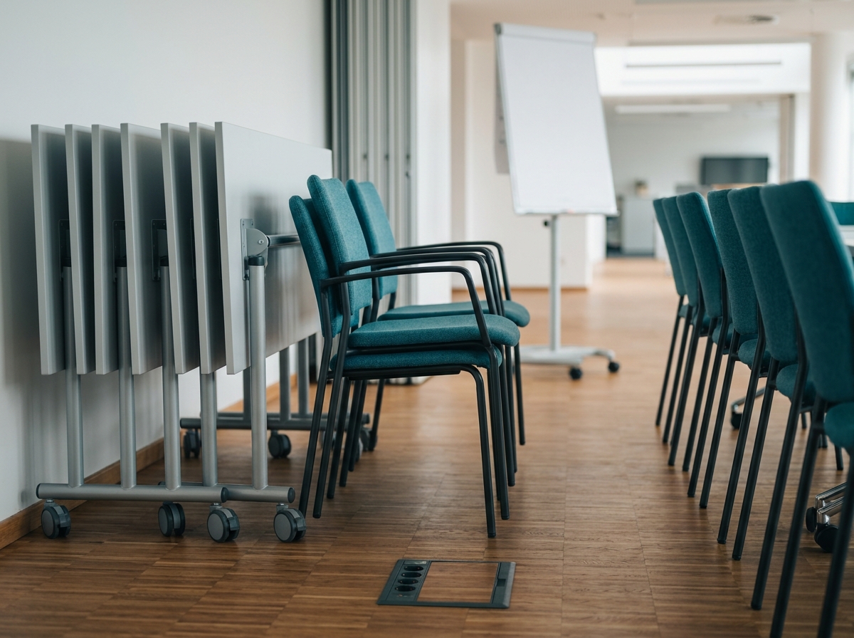 Détail d'une salle de formation modulable vide avec tables pliantes empilées, chaises ergonomiques et tableau blanc mobile prêts à être configurés