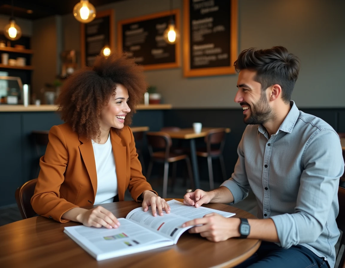 Deux entrepreneurs discutant d'un abonnement magazine business autour d'un café en ville