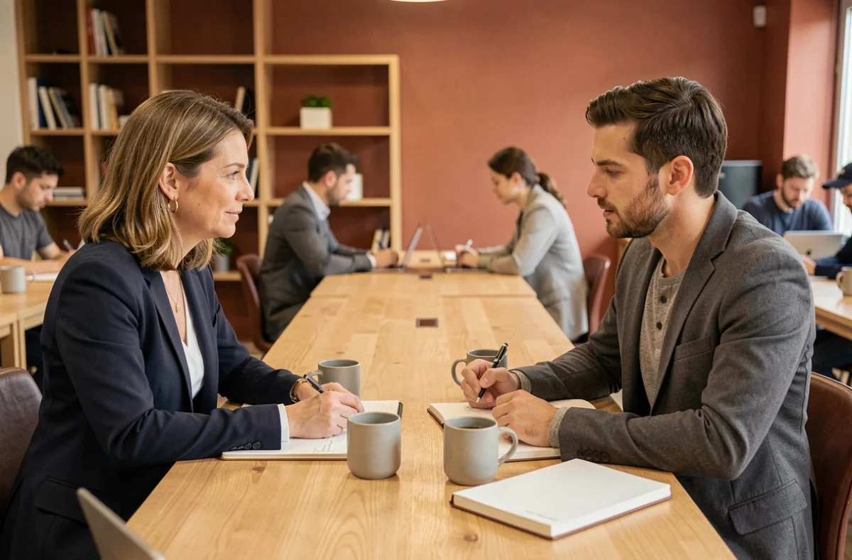 Deux professionnels en discussion collaborative autour d'une table commune dans un coworking chaleureux