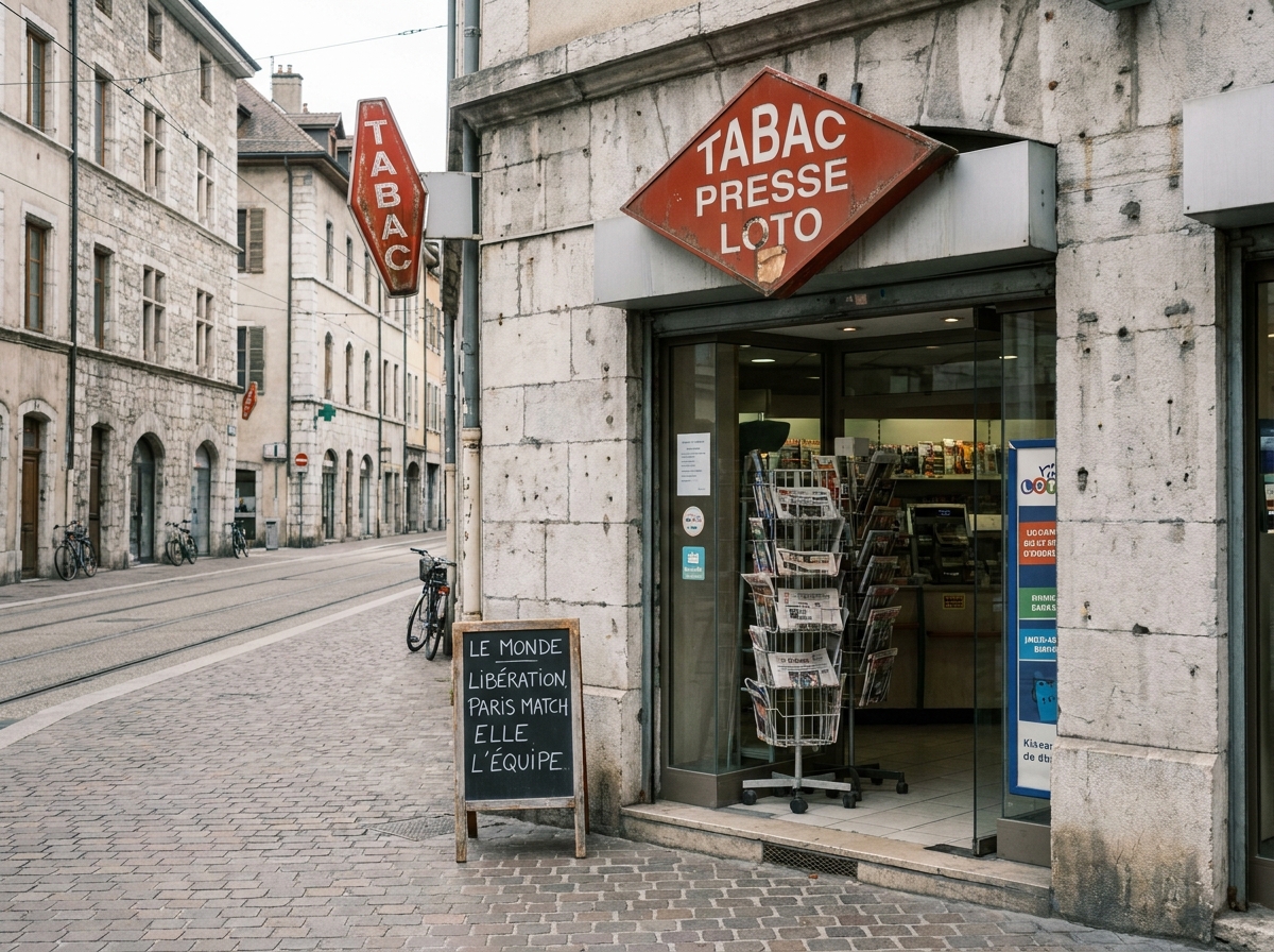 Devanture d'un bureau de tabac à Chambéry avec enseigne rouge caractéristique et présentoir de presse en façade