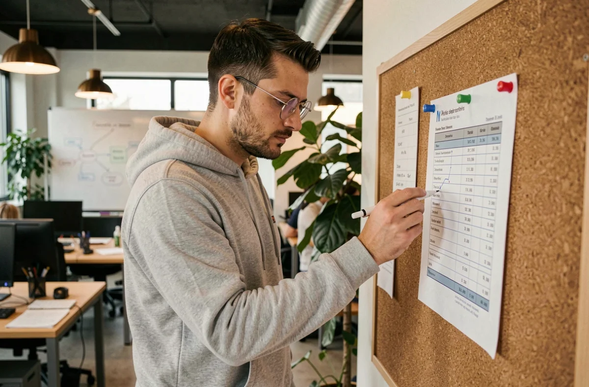 Développeur annotant une facture de mission en portage salarial dans un bureau open space moderne