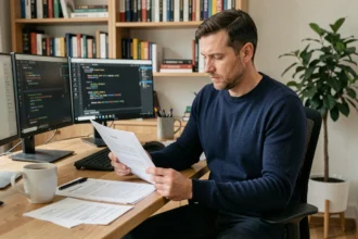 Développeur indépendant en portage salarial examinant un contrat de mission à son bureau à domicile