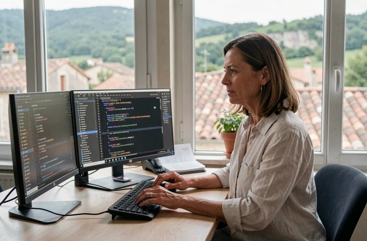 Développeuse web travaillant dans une agence indépendante en Ardèche avec vue sur un village typique de la région