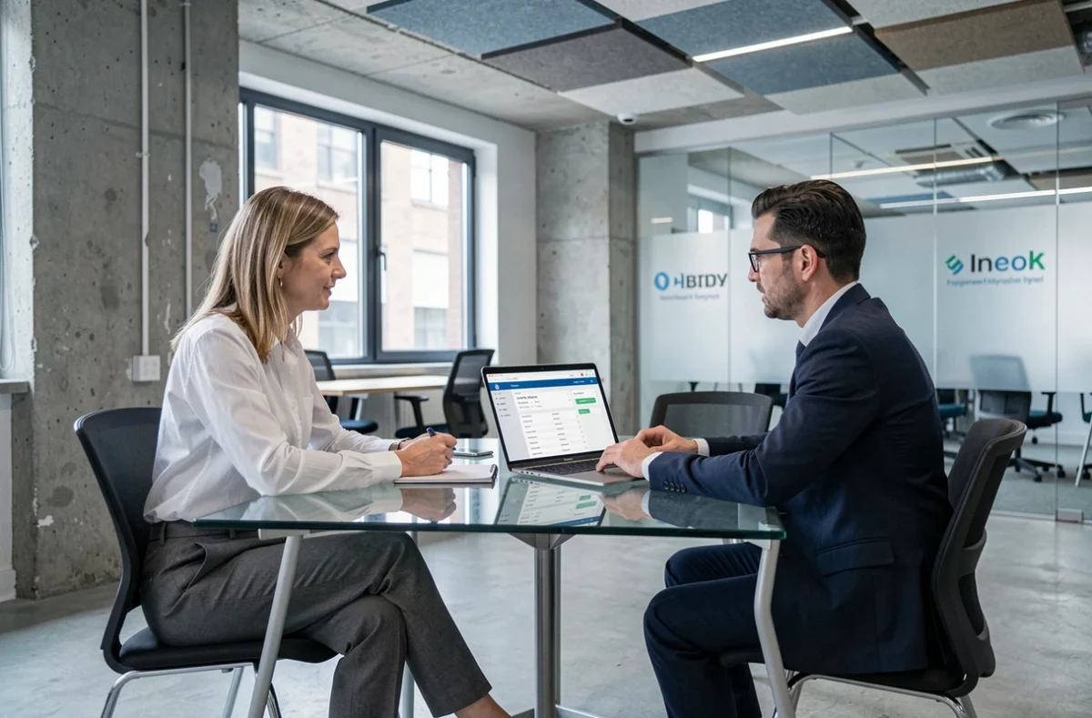 Développeuse freelance discutant de facturation en portage salarial avec un consultant dans un coworking