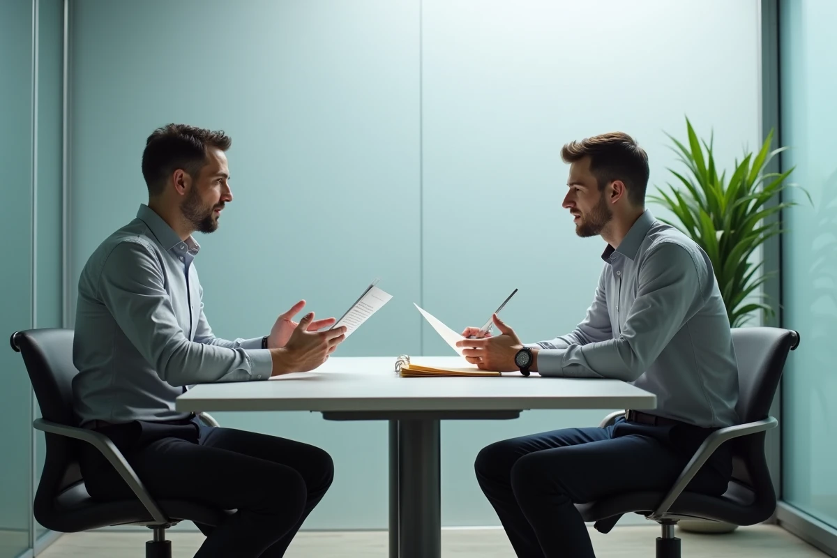 Employé présentant une nouvelle demande de rupture conventionnelle à son responsable RH lors d'un entretien formel