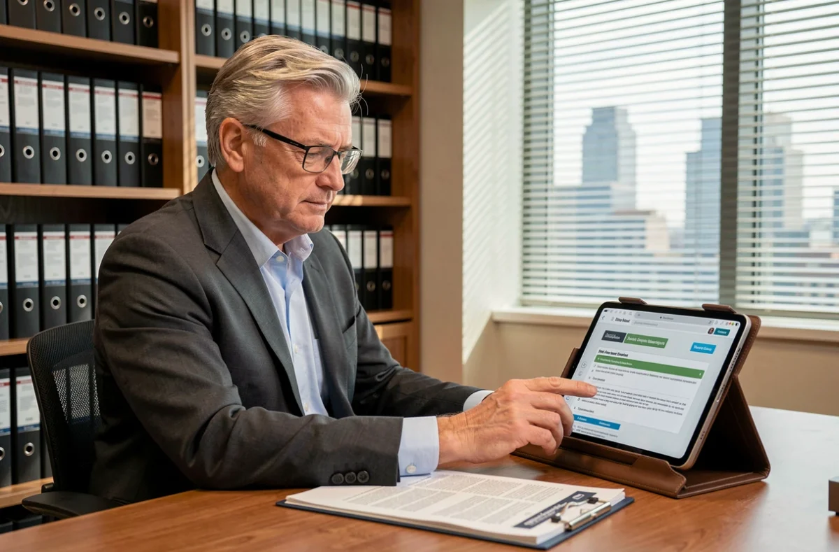 Directeur de courtage consultant un guide de paramétrage de l'extranet AXA dans son bureau professionnel