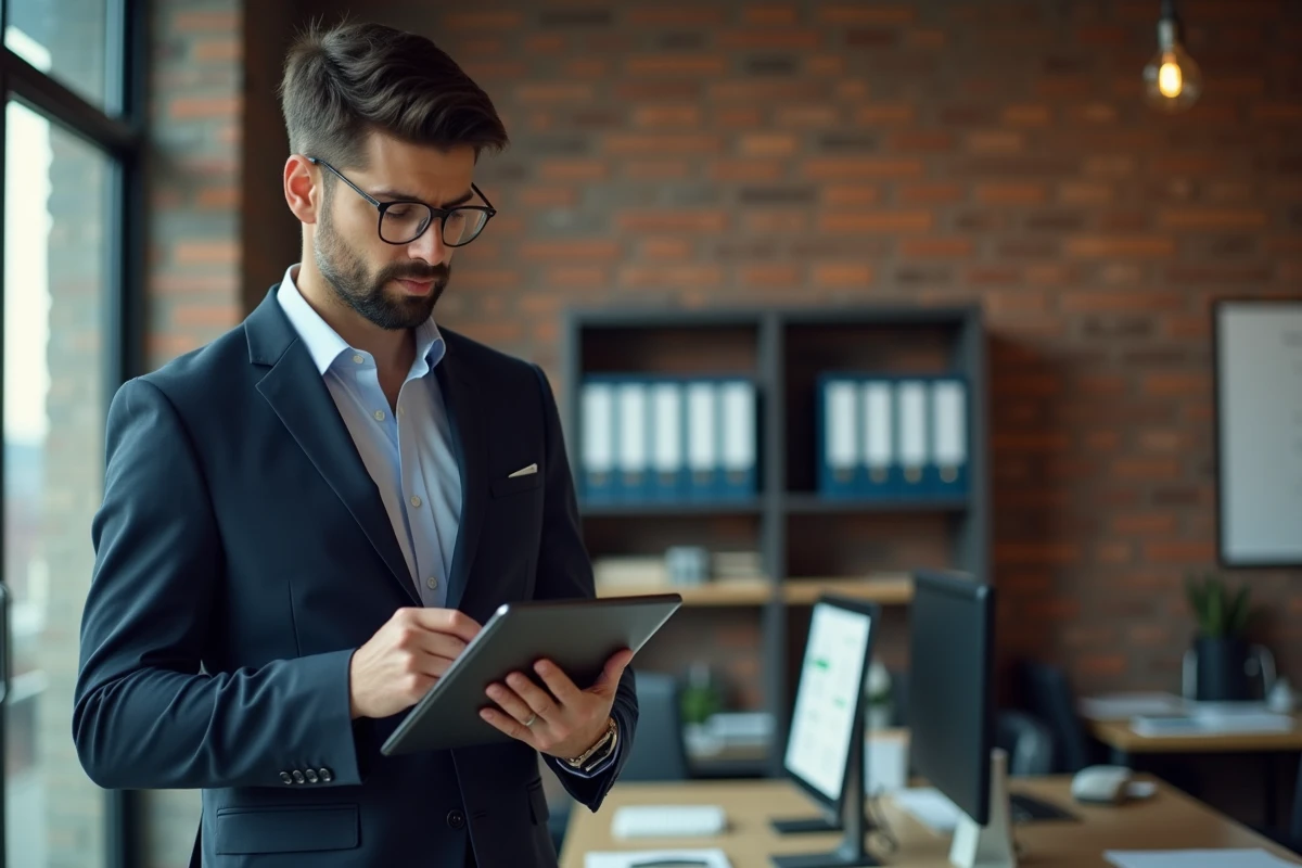Directeur d'hôtel gérant son compte partenaire Smartbox sur une tablette dans un bureau administratif