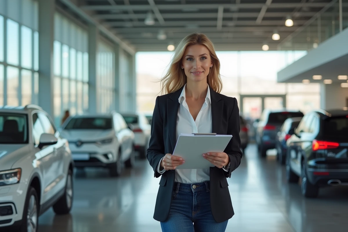 Jeune femme dirigeante dans un showroom automobile