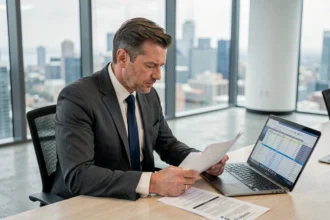 Dirigeant d'entreprise analysant des documents fiscaux liés à la taxe sur les véhicules de société 2026 dans une salle de réunion moderne