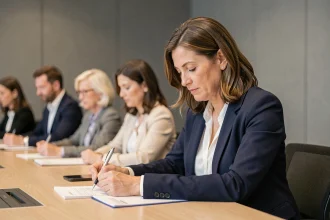 Dirigeante d'entreprise prenant des notes lors d'une formation professionnelle gratuite pour entrepreneurs