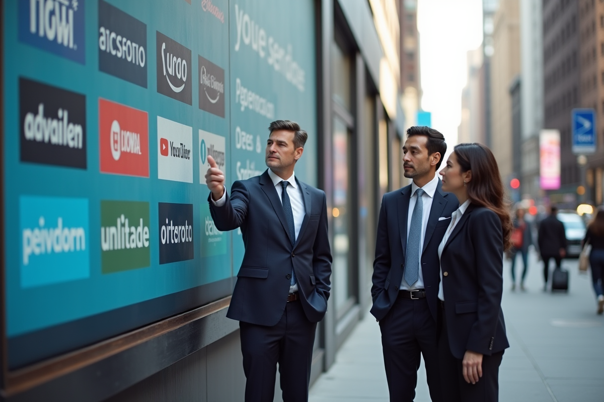 Professionnels discutant devant un panneau publicitaire en ville