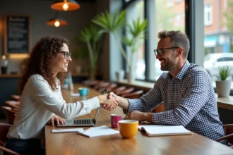 Deux entrepreneurs se serrent la main dans un café convivial