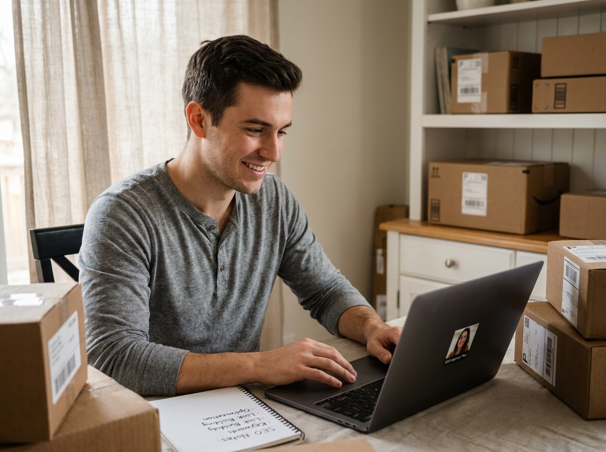 E-commerçant indépendant en visioconférence avec une petite agence SEO depuis son bureau à domicile