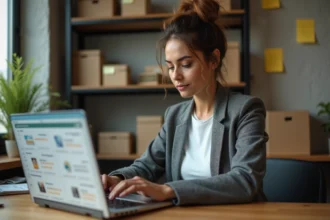 Ecommerçante analysant des avis clients en ligne sur son ordinateur portable dans un bureau de petite entreprise